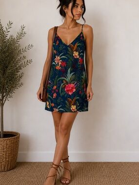 Navy Tropical Floral V-Neck Slip Dress